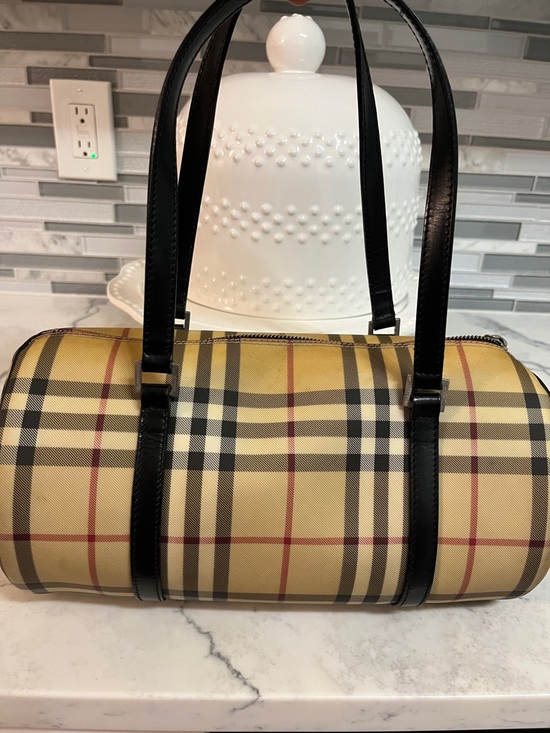 Burberry Handbags - Burberry Beige Plaid Barrel Satchel with Black Trim